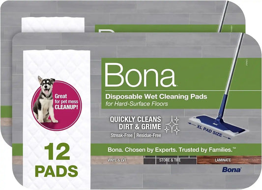 Bona Multi-Surface Floor Disposable Wet Cleaning Pads - Residue-Free Floor Cleaning Solution for Stone, Tile, Laminate, and Vinyl Floors - 12 Count (Pack of 2)