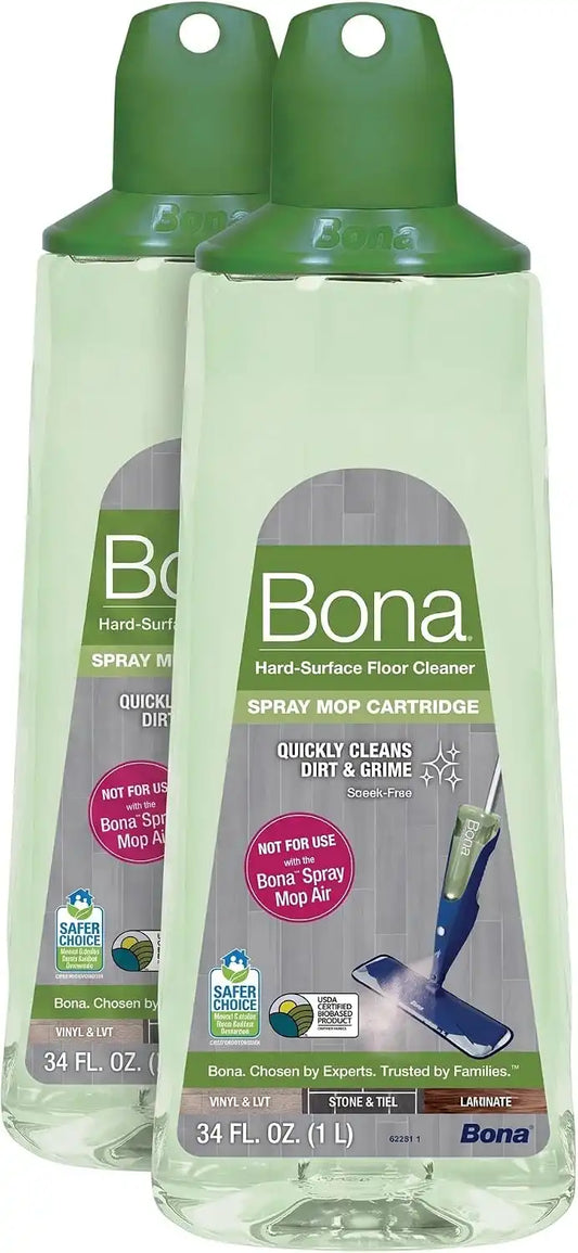 Bona Multi-Surface Hard Floor Cleaner Spray Mop Cartridge-34 fl oz - Unscented-Refillable - Residue-Free Floor Cleaning Solution Spray Mops - Stone, Tile, Laminate, & Vinyl Floors (Pack of 2)