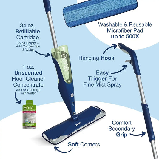 Bona Multi-Surface Floor Premium Spray Mop - Includes Multi-Surface Floor Cleaner Concentrate and Machine Washable Microfiber Cleaning Pad - For Stone, Tile, Laminate and Vinyl LVT/LVP Floors