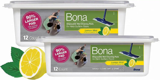 Bona Wet Cleaning Pads, Disposable, Lemon Mint | For Hard-Surface Floors | 12 Count | Pack of 2