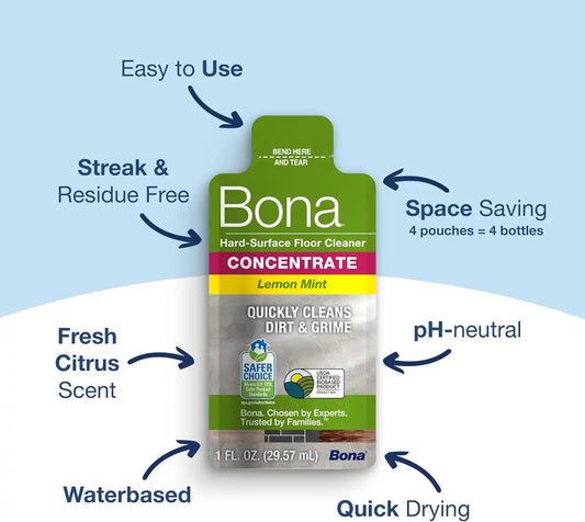 Bona Multi-Surface Floor Cleaner Concentrate, Lemon Mint Scent, 1 fl oz, Pack of 4 (Makes 128 fl oz) Spray Mop and Spray Bottle Refill – For Use on Stone, Tile, Laminate, and Vinyl Floors