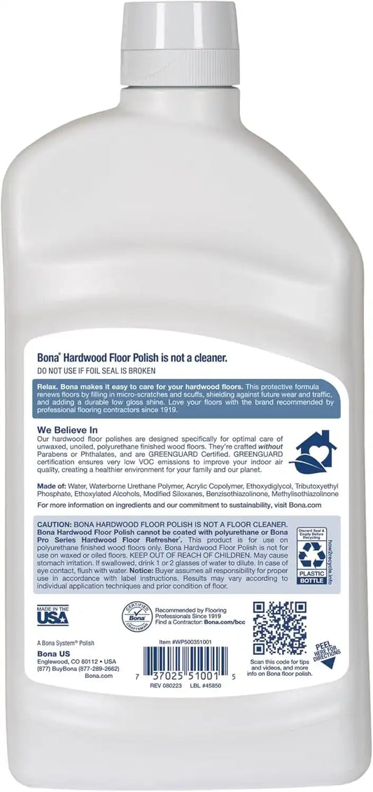 Bona Hardwood Floor Polish - 32 fl oz - Low Gloss Shine - Polish for Wood Floors - Protects and Renews Dull Flooring - Covers 500 sq ft (Pack of 2)