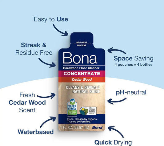 Bona Hardwood Floor Cleaner Concentrate, Cedar Wood Scent, 1 fl oz, Pack of 4 (Makes 128 fl oz) - Residue-Free Floor Cleaning Concentrate Spray Mop and Spray Bottle Refill - For Wood Floors
